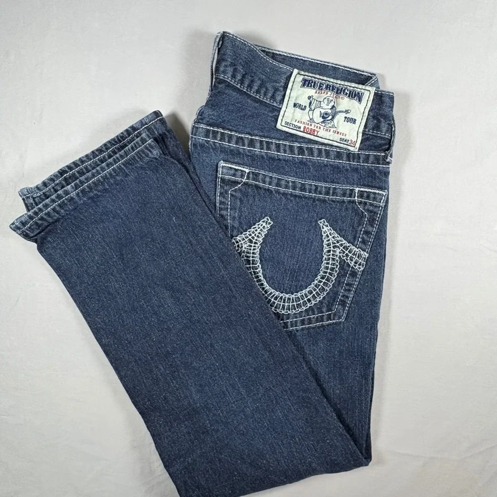 Vintage True Religion Bobby Jeans Mens 33 Made USA Y2K White Horseshoe Stitch